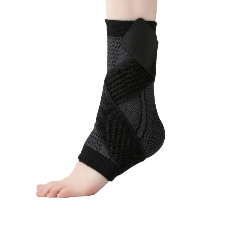 Black adjustable knitted ankle brace with cross straps on white background
