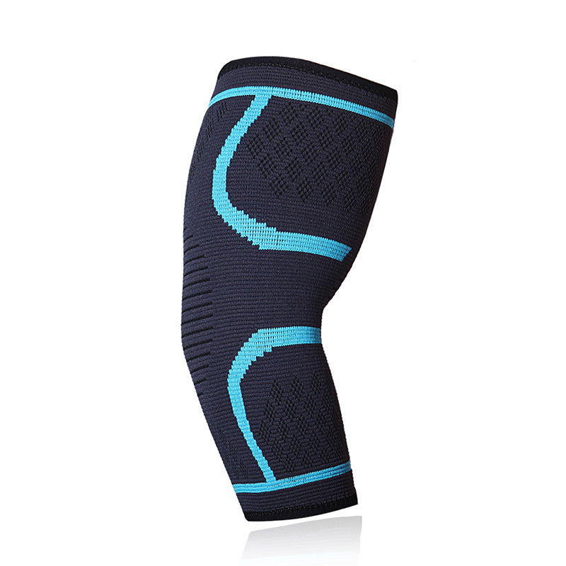Black knitted compression elbow support sleeve with blue accents on white background