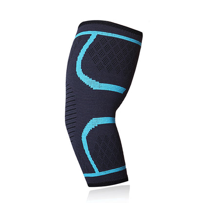 Black knitted compression elbow support sleeve with blue accents on white background