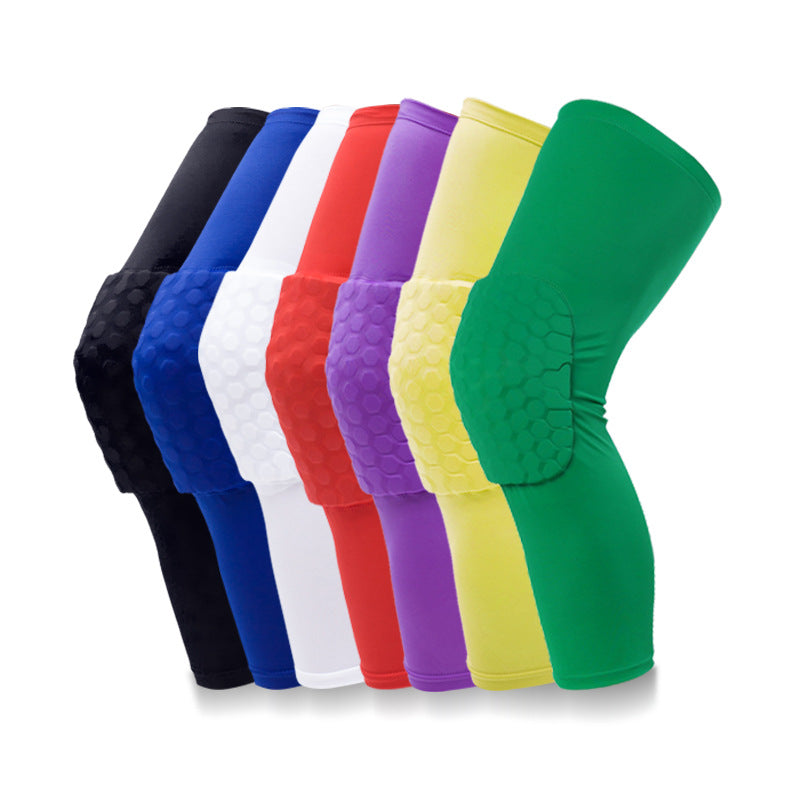 Honeycomb padded knee support sleeves in multiple colors on white background