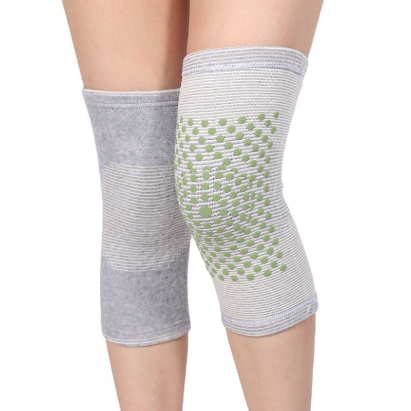 Front view of grey slip-on knee support sleeve with stretch knit texture