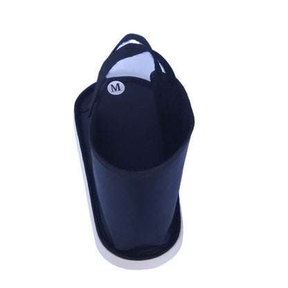 Side view of black open-toe recovery shoe cover with supportive sole