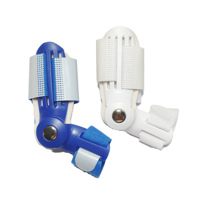 Adjustable toe support brace in white and blue with a structured splint and hook-and-loop straps