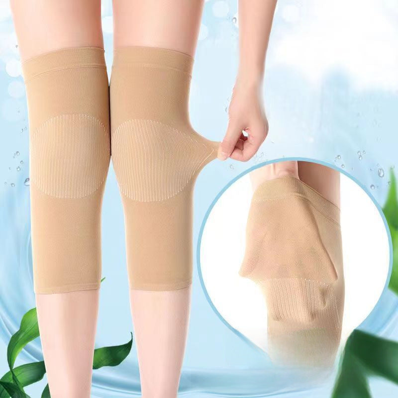 Seamless skin tone knee support sleeves showing front fit and coverage on legs