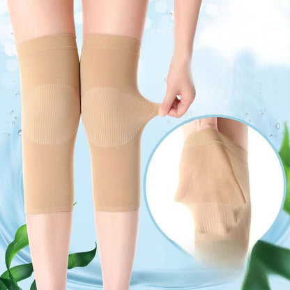 Seamless skin tone knee support sleeves showing front fit and coverage on legs