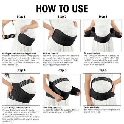 Pregnant model wearing a black breathable maternity support belt with wide belly panel and adjustable straps