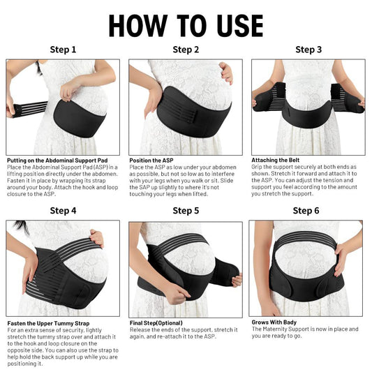 Pregnant model wearing a black breathable maternity support belt with wide belly panel and adjustable straps