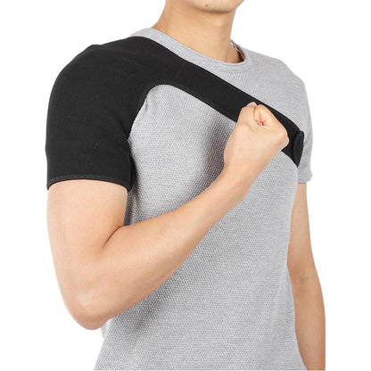 Black adjustable single shoulder support brace worn on one shoulder, front view