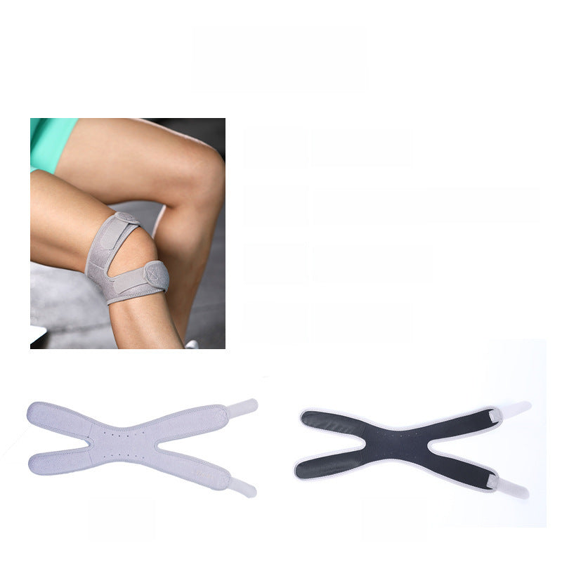 Adjustable patella knee support strap with silicone pad shown worn and in flat views