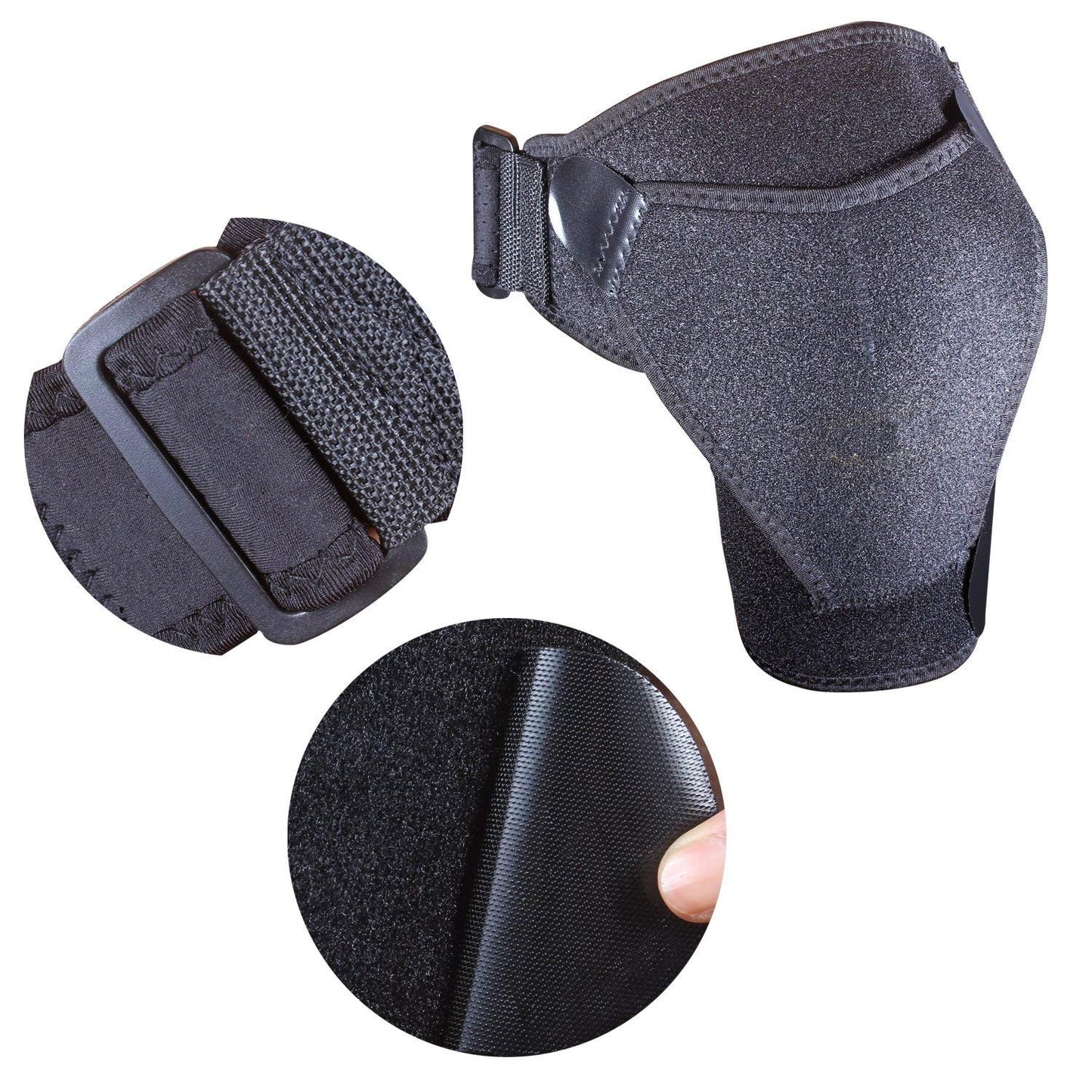 Adjustable shoulder brace showing strap layout and hook-and-loop closure details