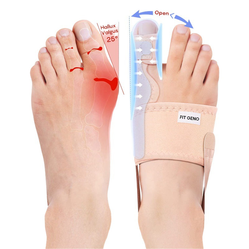 Black adjustable big toe brace worn on foot from top view