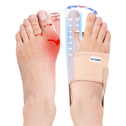 Black adjustable big toe brace worn on foot from top view