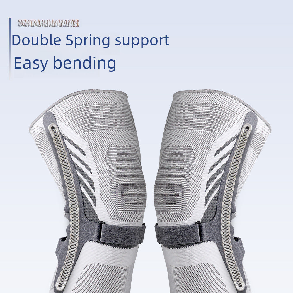Light gray knee support brace highlighting breathable knit texture and supportive fit