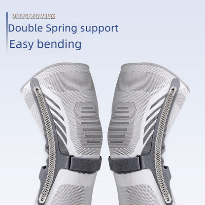 Light gray knee support brace highlighting breathable knit texture and supportive fit