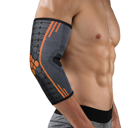 Green elbow support sleeve showing sleeve length and supportive fit