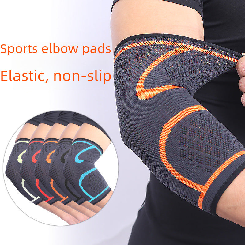 Orange elbow support sleeve worn on arm during active use