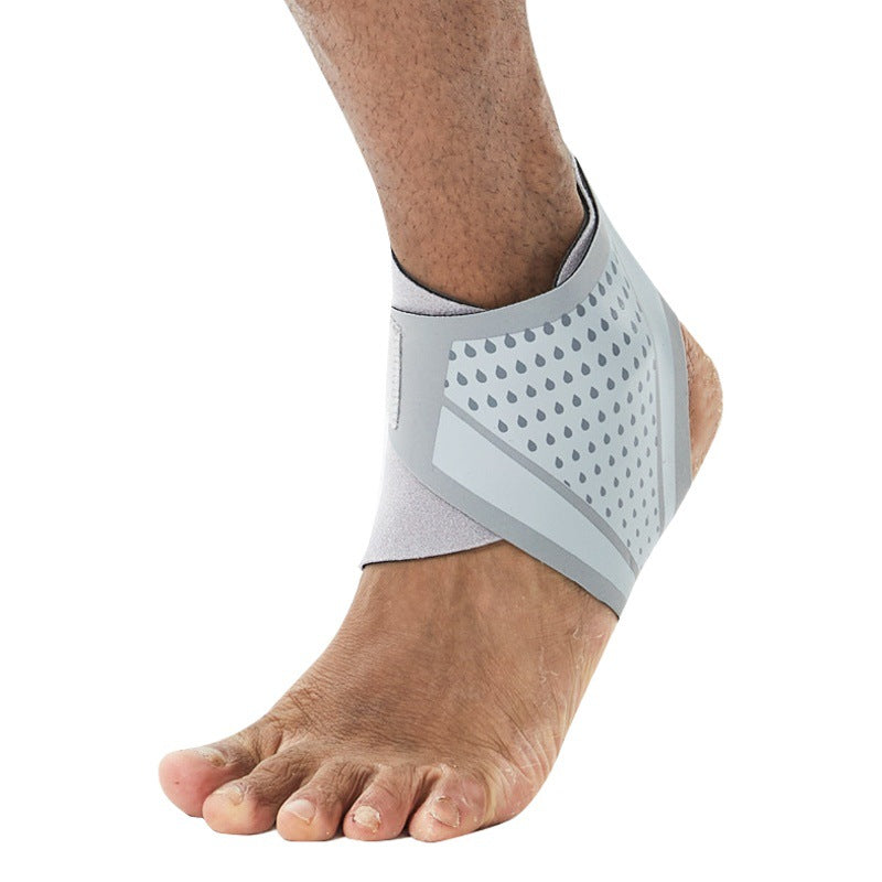 Gray wraparound ankle support shown on foot with shoe-use view