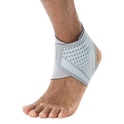 Gray wraparound ankle support shown on foot with shoe-use view