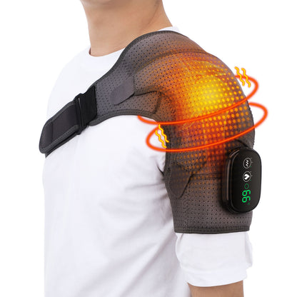 Model wearing heated shoulder support brace with digital controller