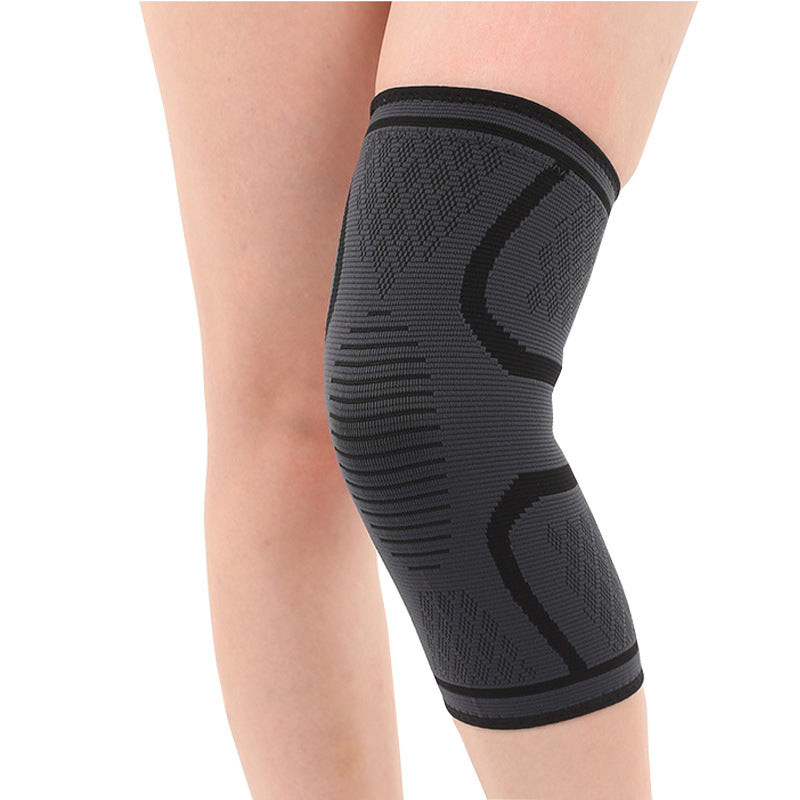Knitted knee support sleeve worn on leg showing knee coverage and fitted support