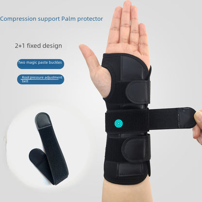 Thumb wrist brace with illustrated support plate and structured hand support design