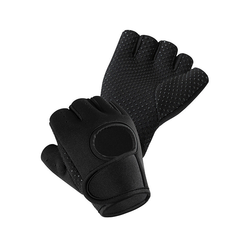 Fingerless workout gloves with wrist support in black with purple trim on a white background