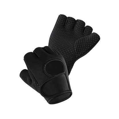 Fingerless workout gloves with wrist support in black with purple trim on a white background