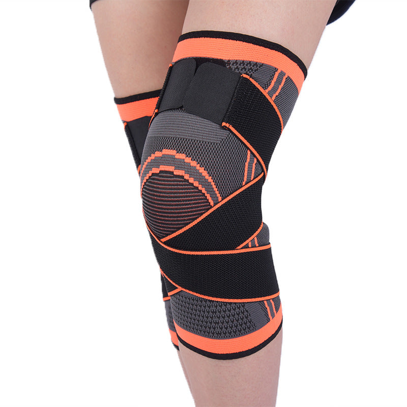 Adjustable knee support brace worn on leg showing contoured fit and compression strap
