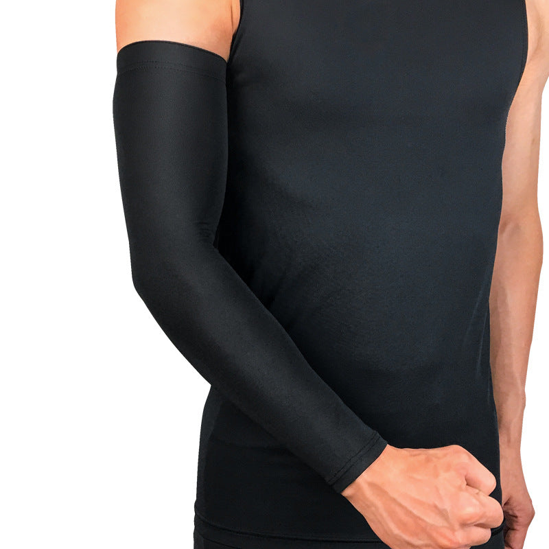 Black pull-on elbow sleeve worn on arm to show coverage and everyday sports fit