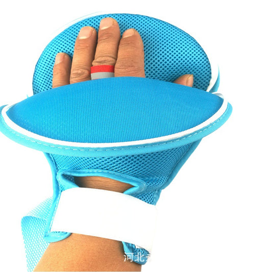 Blue adjustable mesh hand support glove with padded section on white background