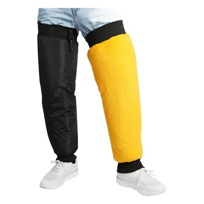 Cold-weather knee and leg warmer sleeves in black and yellow shown worn for coverage reference