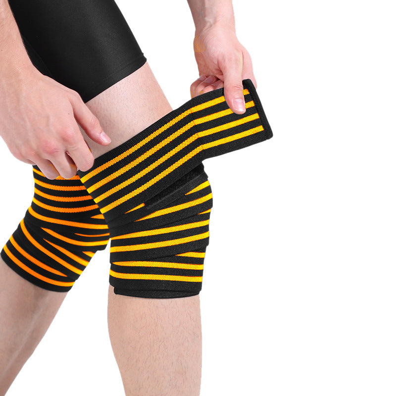 Red striped knee support wrap worn on the knee
