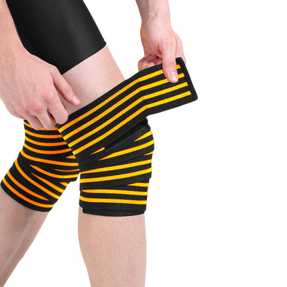 Red striped knee support wrap worn on the knee