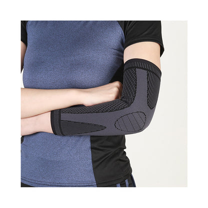 Breathable knitted elbow brace sleeve worn on the arm showing forearm and elbow coverage