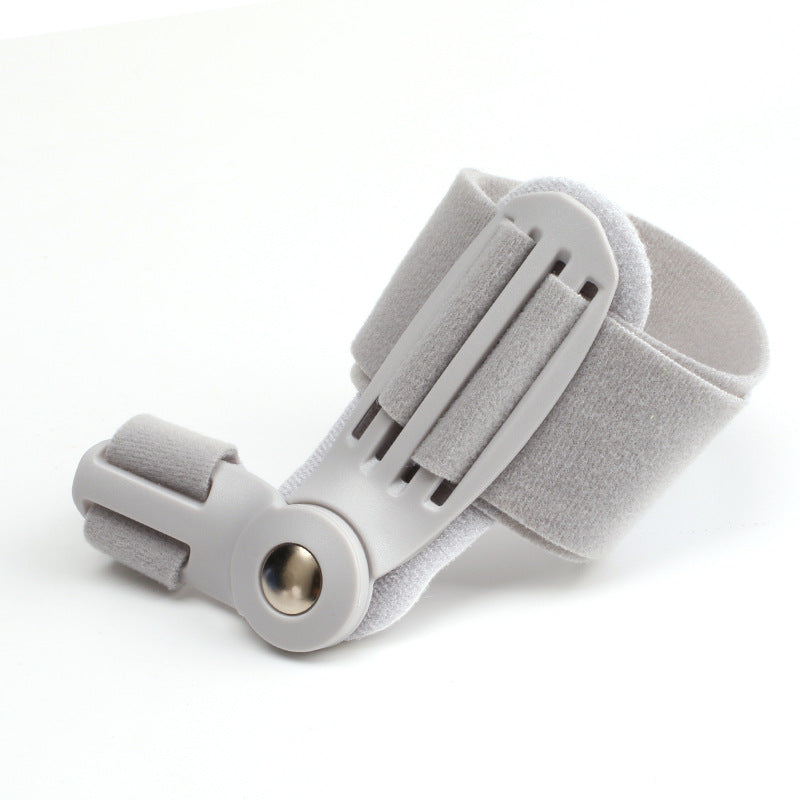 Blue toe alignment brace shown worn on foot and as a standalone product