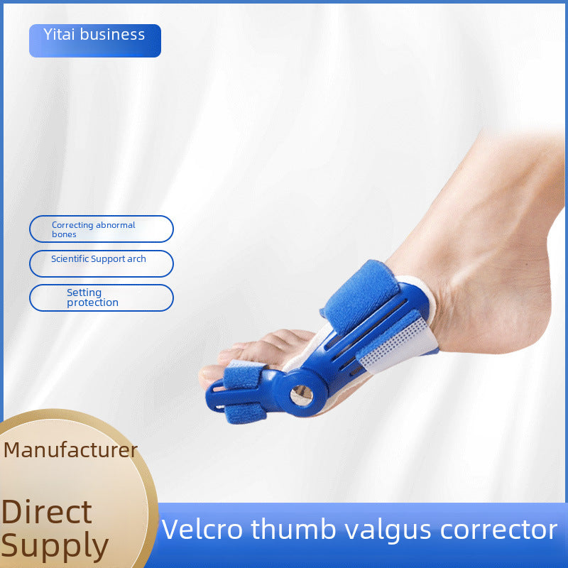 Blue adjustable big toe support brace shown in on-foot use view