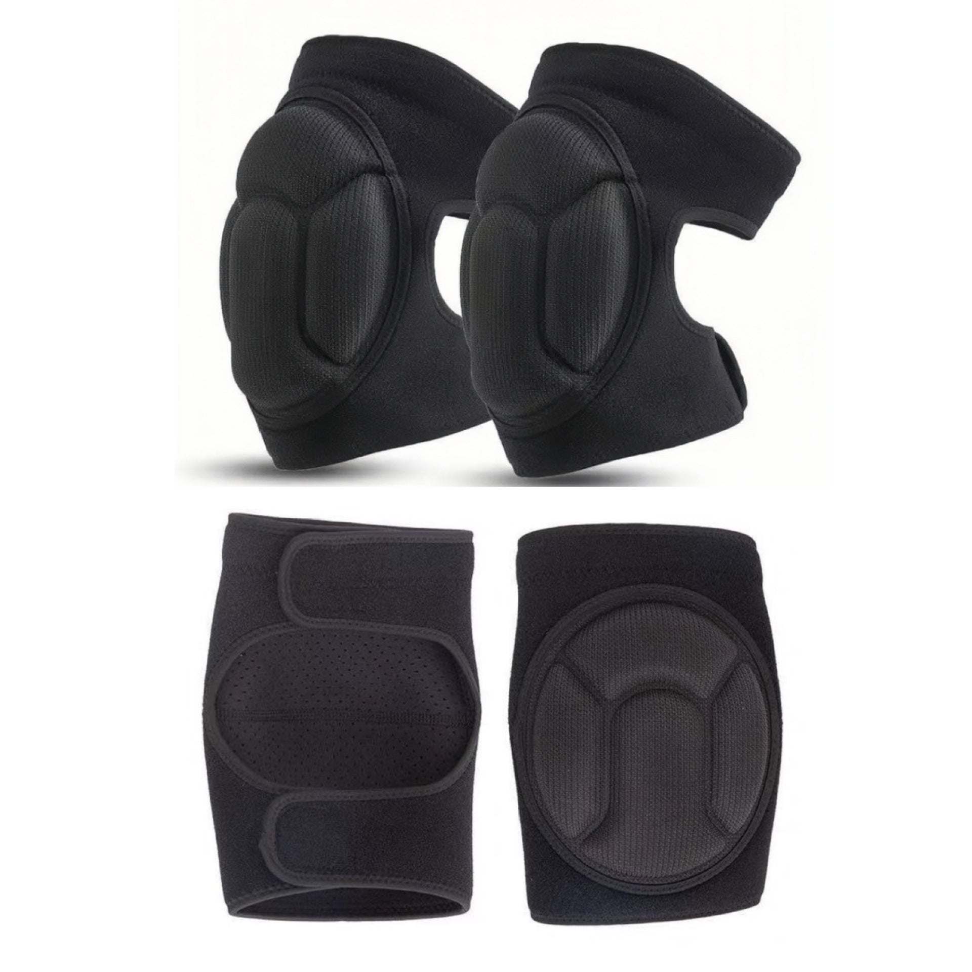 Padded elbow brace in black shown from multiple angles on a white background