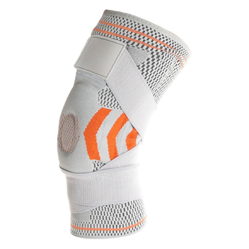 Compression knee brace side view showing wrap straps and side support panel