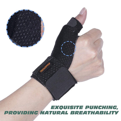 Black breathable thumb wrist brace worn on hand showing thumb and wrist support