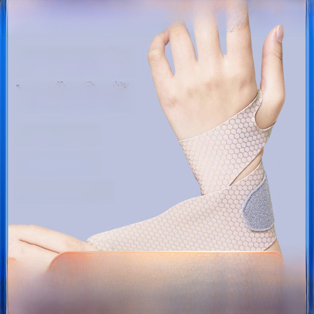 Skin tone thumb wrist brace showing open-thumb wrap support structure