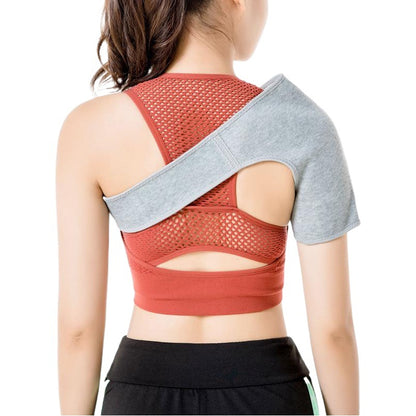 Back view of adjustable shoulder support strap with upper back coverage