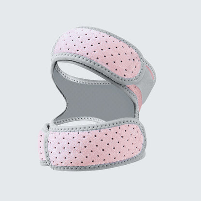 Knee brace feature graphic showing dual straps, breathable fabric, and silicone pad support