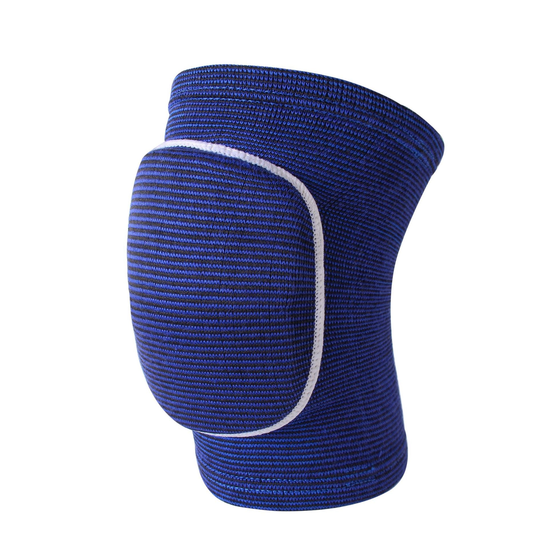 Gray padded knee support sleeve with breathable knit construction on white background