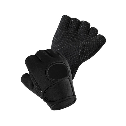 Black fingerless workout gloves with wrist support shown front and back on a white background