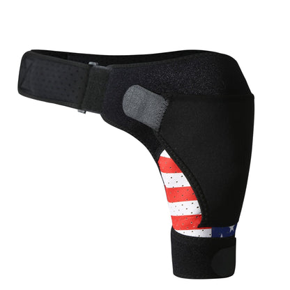 Black adjustable shoulder brace with breathable perforated panels and wraparound straps
