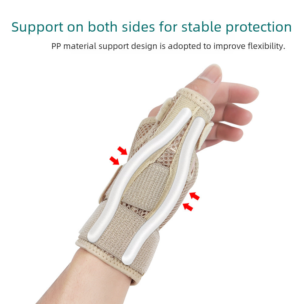 Close-up of thumb wrist brace showing adjustable wrap straps and support structure