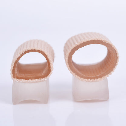Toe separator support sleeves shown worn on both feet from multiple angles