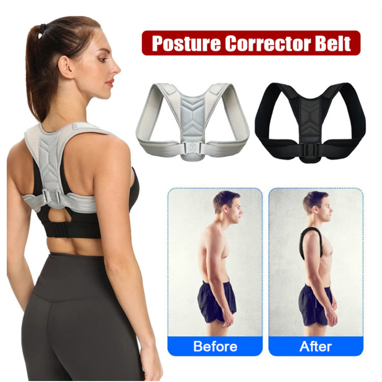 Side view of posture corrector brace on adult model showing front strap routing and fit