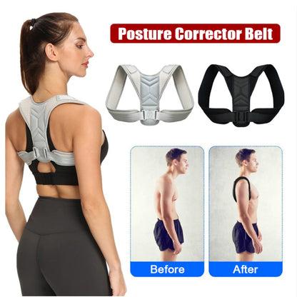 Side view of posture corrector brace on adult model showing front strap routing and fit