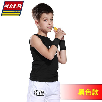 Close-up of blue kids knee support sleeve with knit texture and padded area